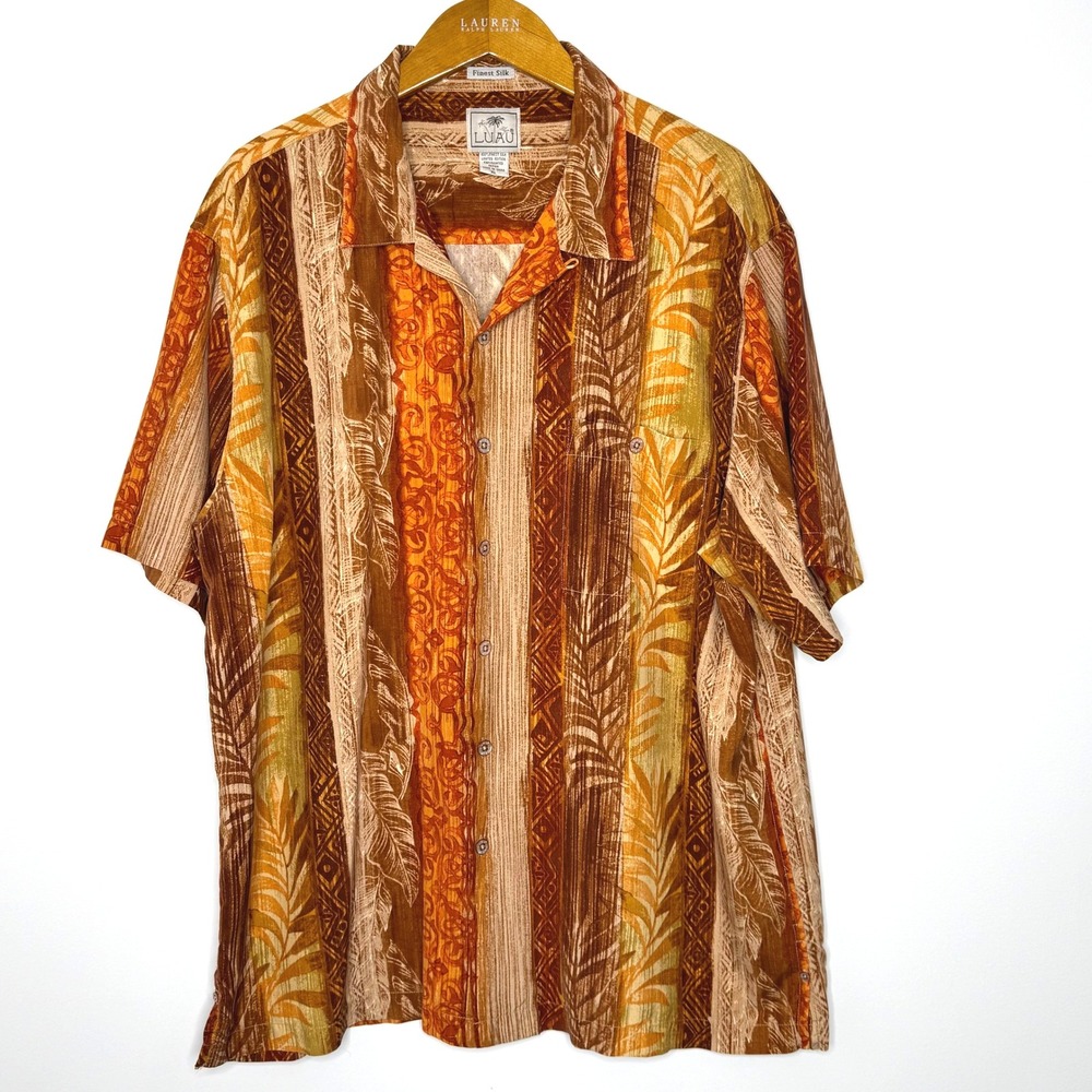 Luau Button Front Silk Shirt‎ Men's XL Orange/Brown